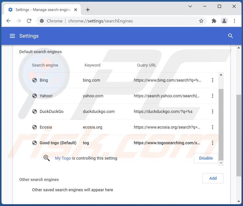 Removing togosearching.com from Google Chrome default search engine