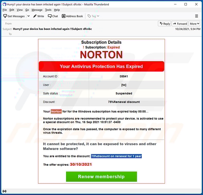 Norton-themed spam email (2021-10-29)