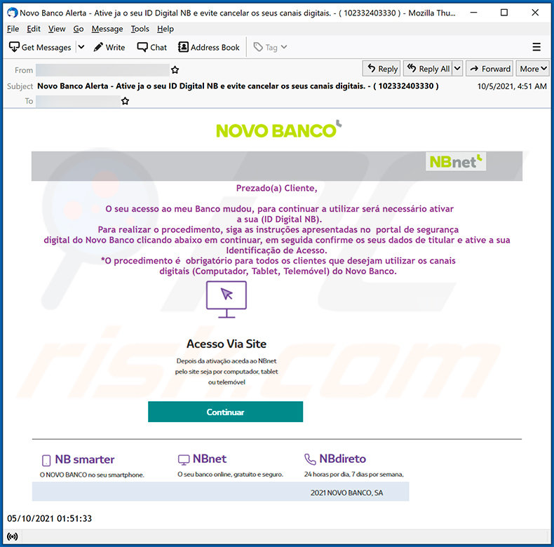 Novo Banco-themed spam email (2021-10-06)