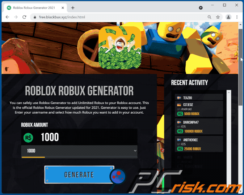 Appearance of Robux Generator scam