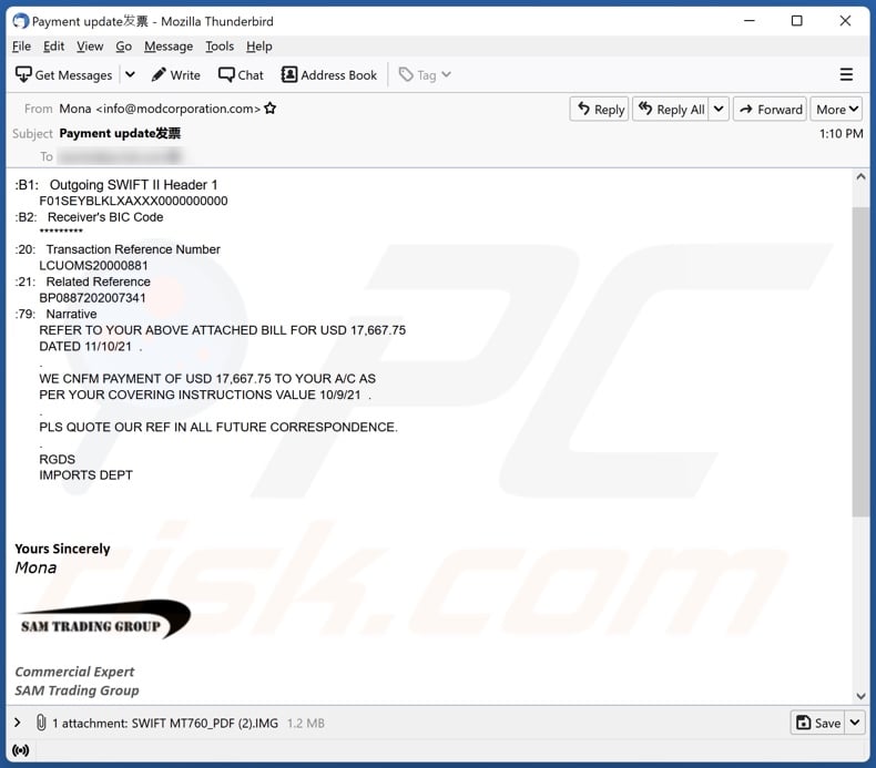 SAM Trading Group malware-spreading email spam campaign