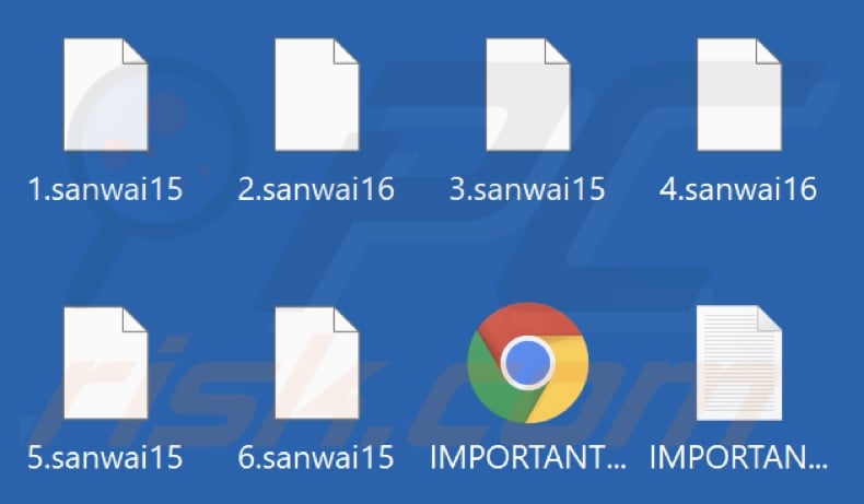 Files encrypted by sanwaiWARE ransomware (.sanwai15 and .sanwai16 extension)