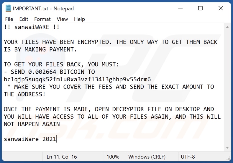 sanwaiWARE ransomware text file (IMPORTANT.txt)