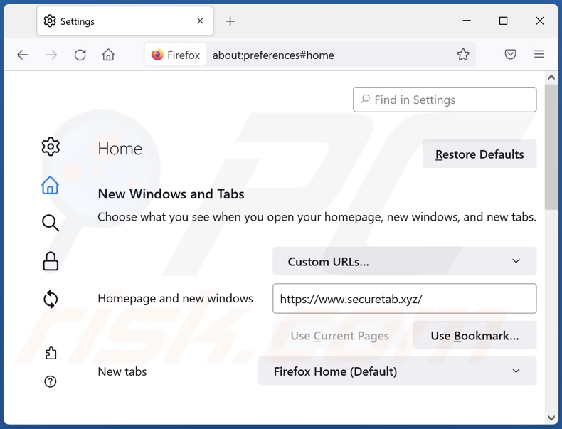 Removing securetab.xyz from Mozilla Firefox homepage
