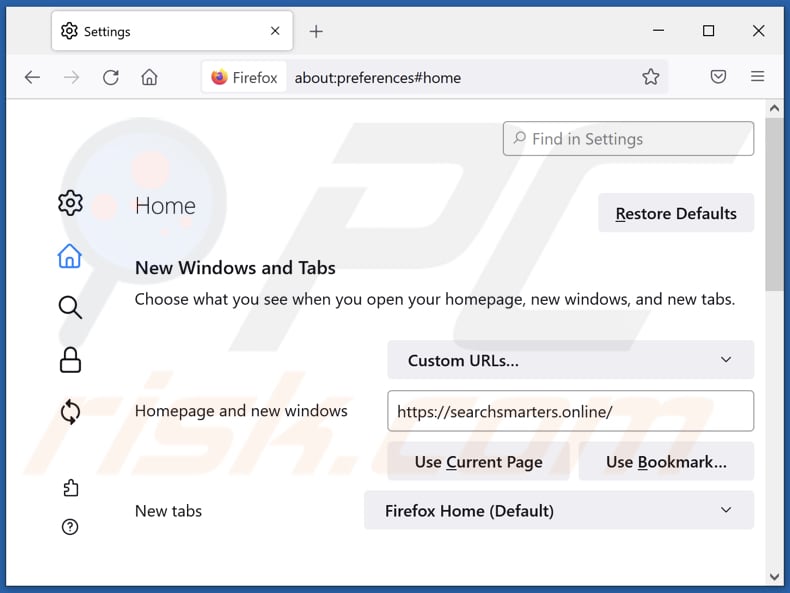 Removing searchsmarters.online from Mozilla Firefox homepage