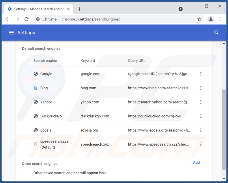 Removing speedsearch.xyz from Google Chrome default search engine