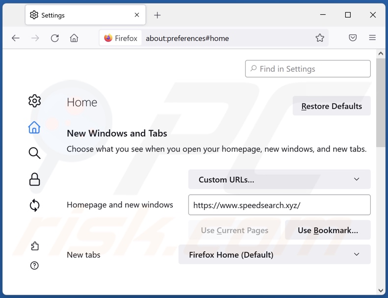 Removing speedsearch.xyz from Mozilla Firefox homepage