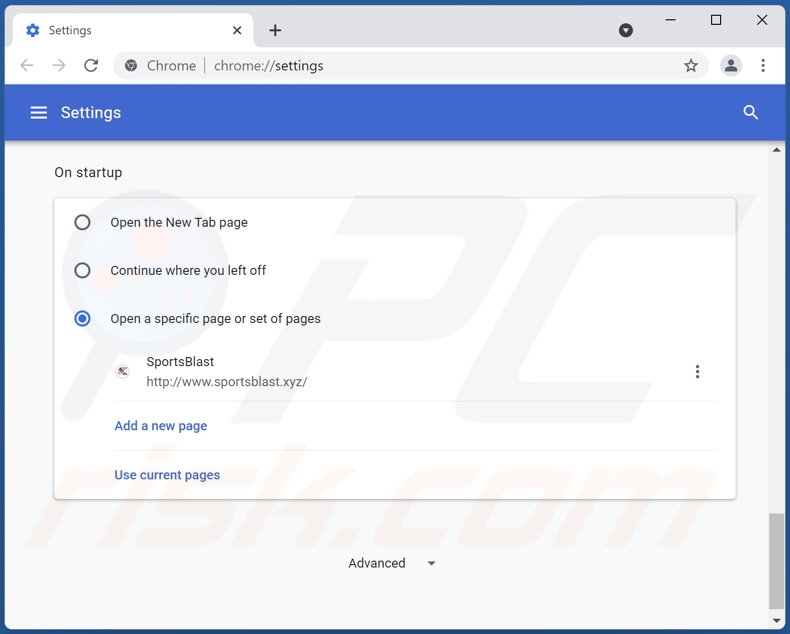 Removing sportsblast.xyz from Google Chrome homepage