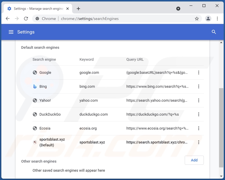 Removing sportsblast.xyz from Google Chrome default search engine