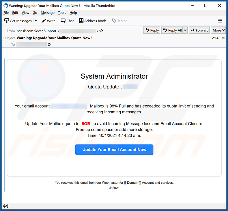 System Administrator Quota-themed spam email promoting a phishing site (2021-10-01)