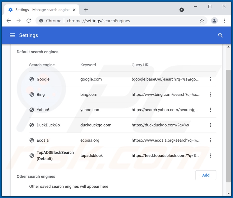 Removing topadsblock.com from Google Chrome default search engine