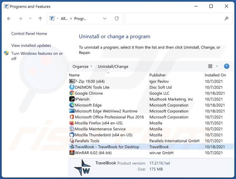 TravelBook adware uninstall via Control Panel