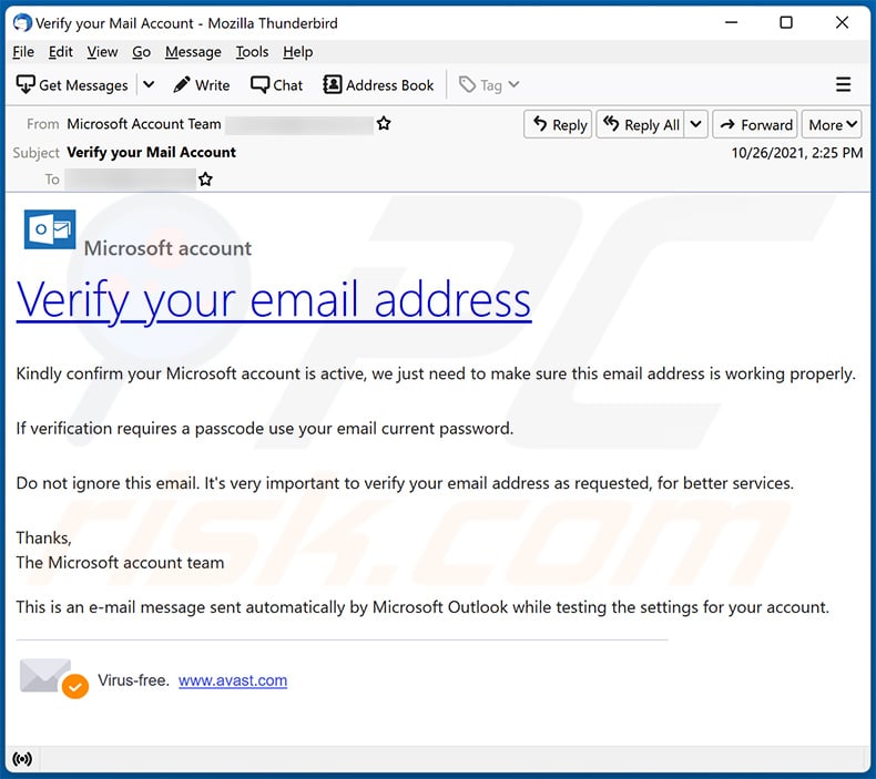 Verify Microsoft account scam email (2021-10-29)