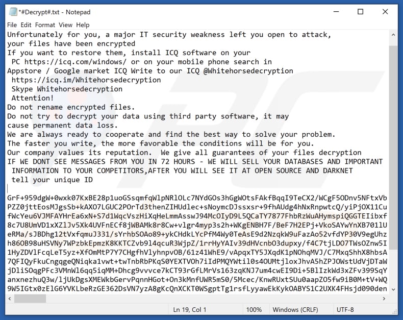 WhiteHorse ransomware ransom note (#Decrypt#.txt)