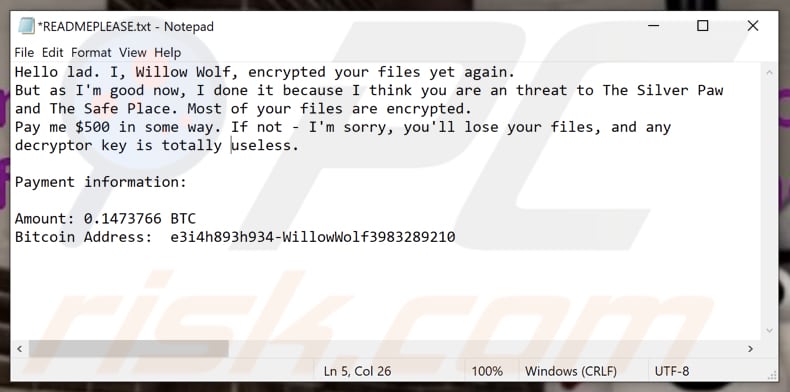 Willow ransomware text file (READMEPLEASE.txt)