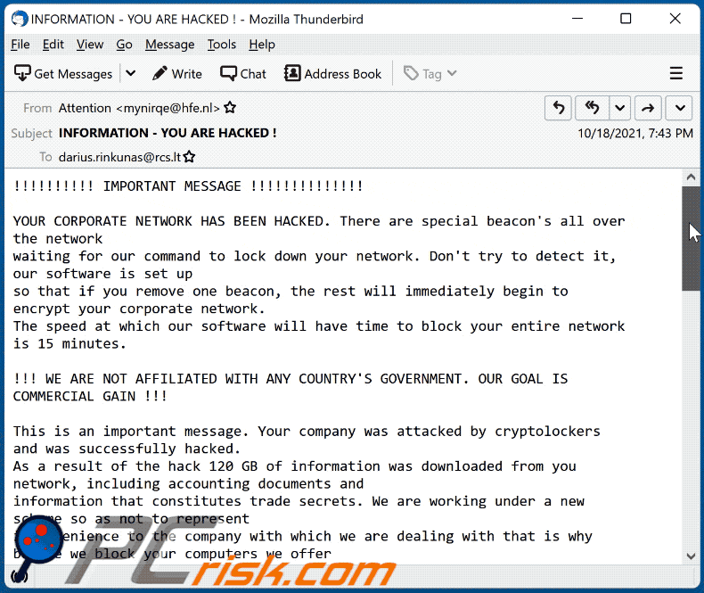 your corporate network has been hacked email scam in gif image