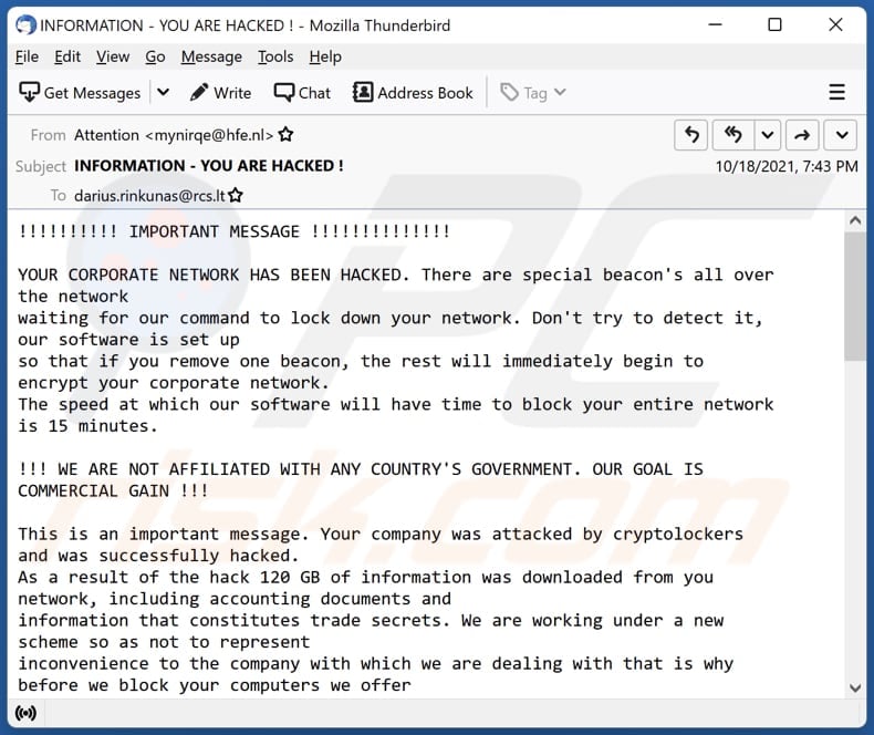 YOUR CORPORATE NETWORK HAS BEEN HACKED email scam