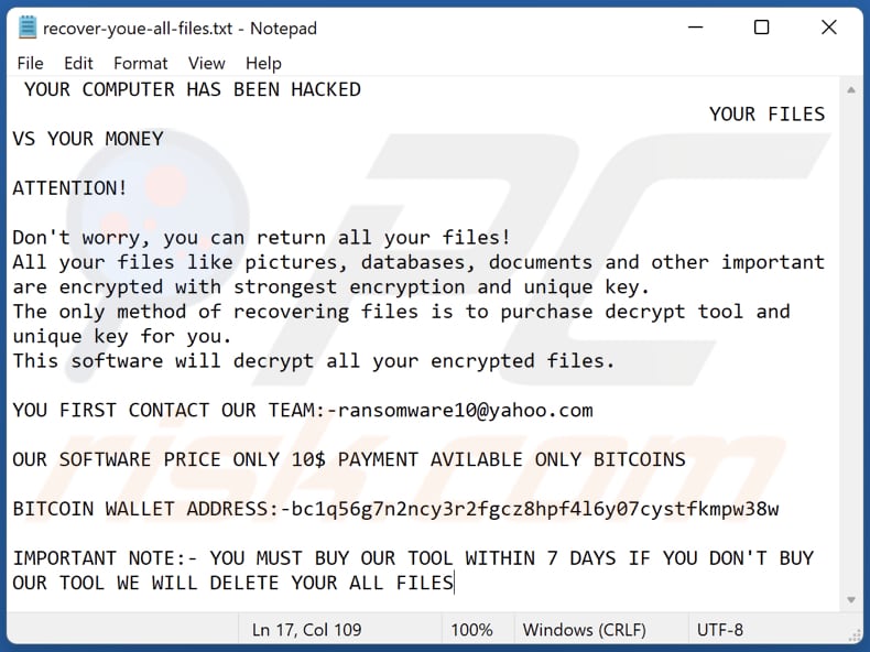Zoom ransomware text file (recover-youe-all-files.txt)