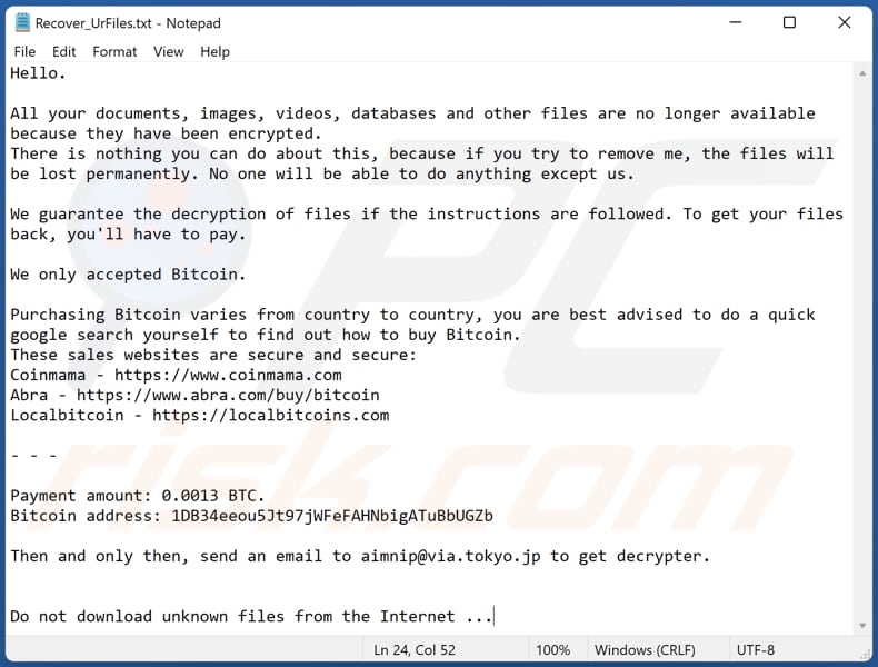Aimnip ransomware text file (Recover_UrFiles.txt)