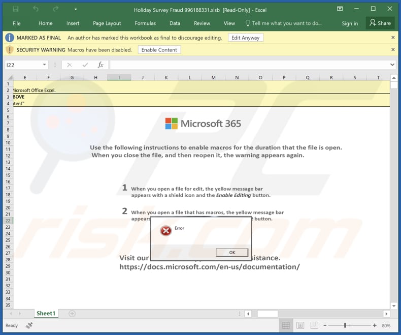 Malicious MS Excel document distributed through BBB email