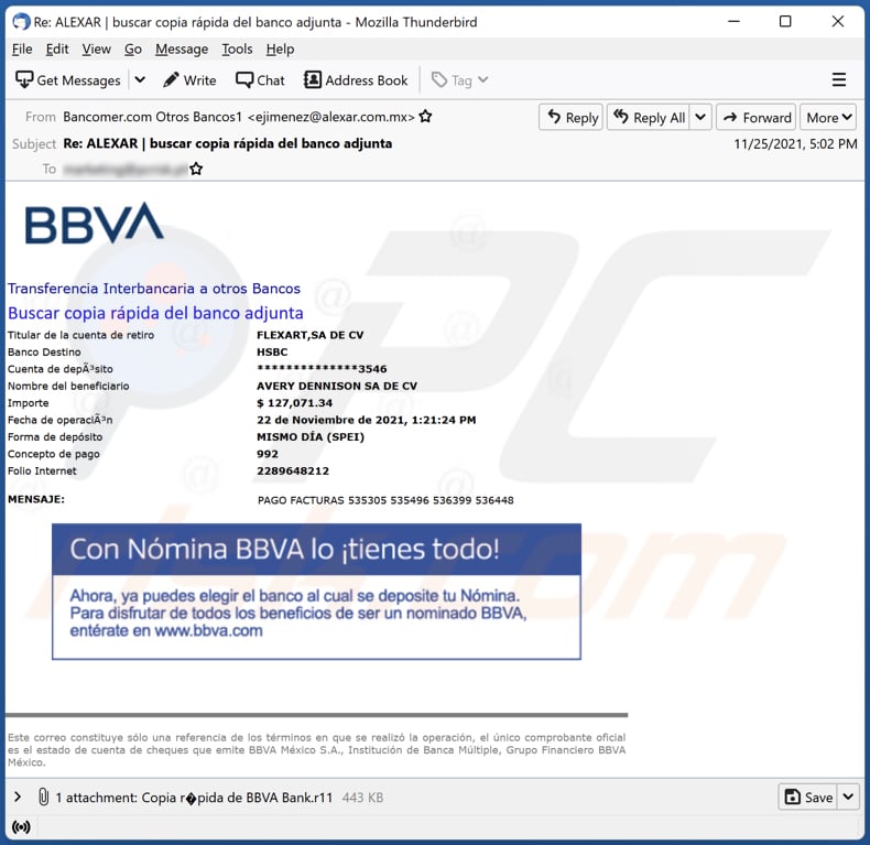 BBVA Bank email virus malware-spreading email spam campaign