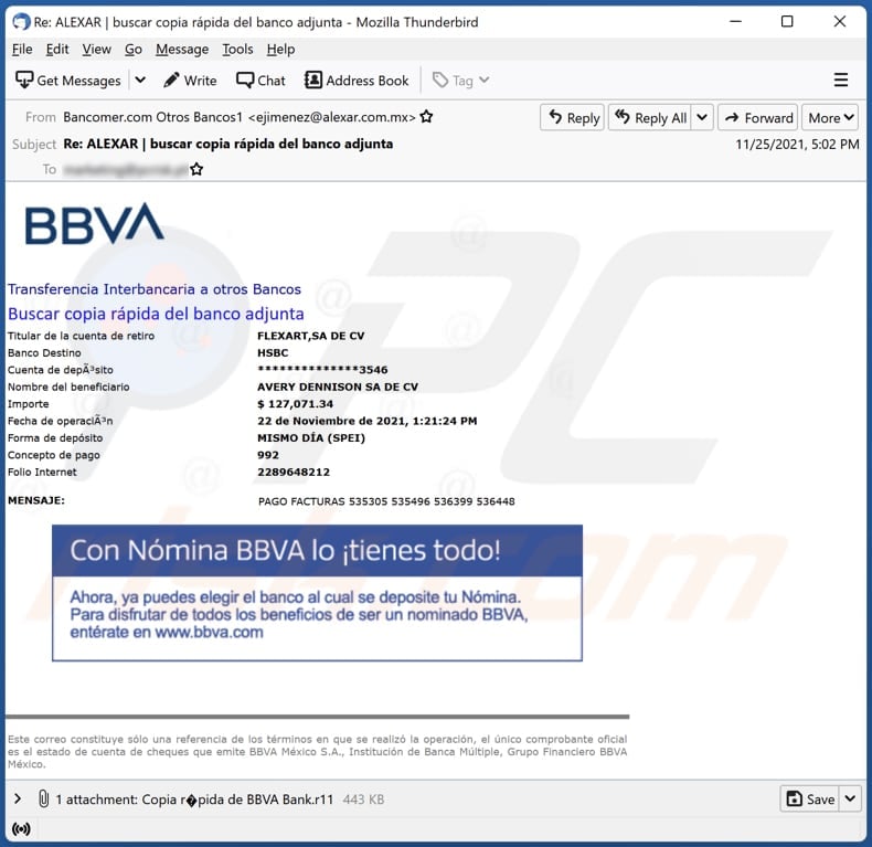 BBVA Bank email virus malware-spreading email spam campaign