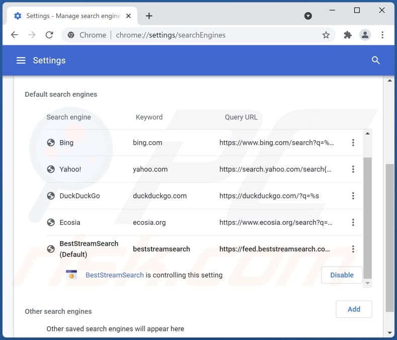 Removing beststreamsearch.com from Google Chrome default search engine