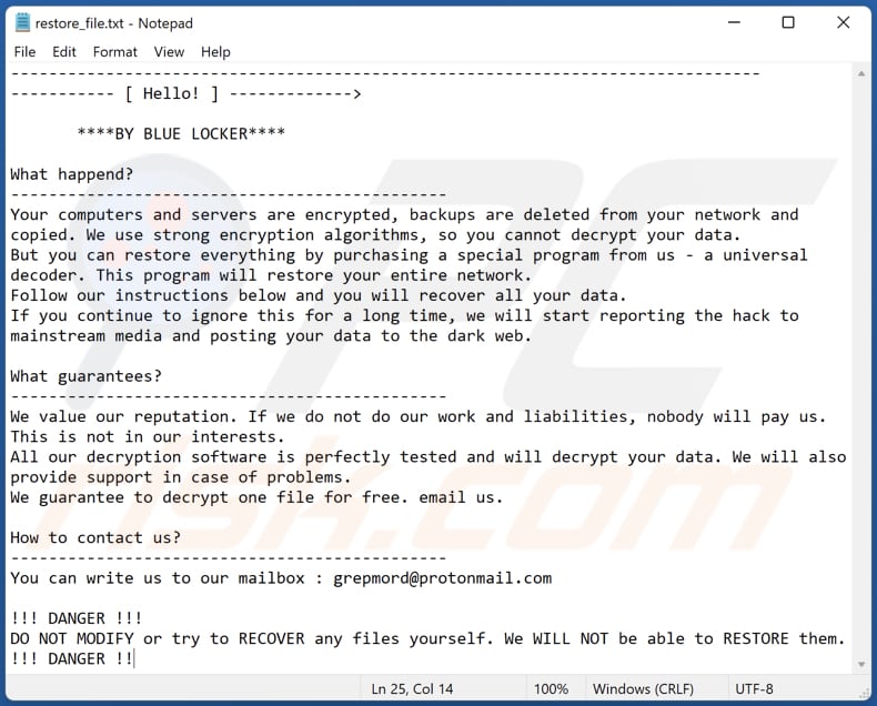 BLUE LOCKER ransomware text file (restore_file.txt)