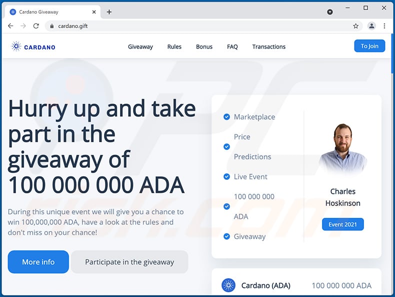 Cardano giveaway scam website (cardano.gift)