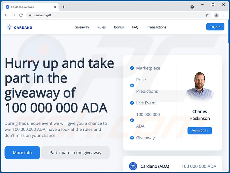 Cardano giveaway scam website (cardano.gift)