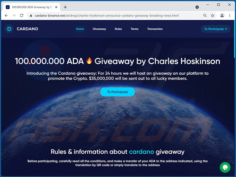 Cardano giveaway-themed scam website (cardano-binance.net)