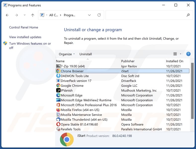 Cent Browser adware uninstall via Control Panel