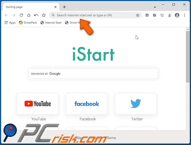 Cent Browser redirecting via internet-start.net (GIF)