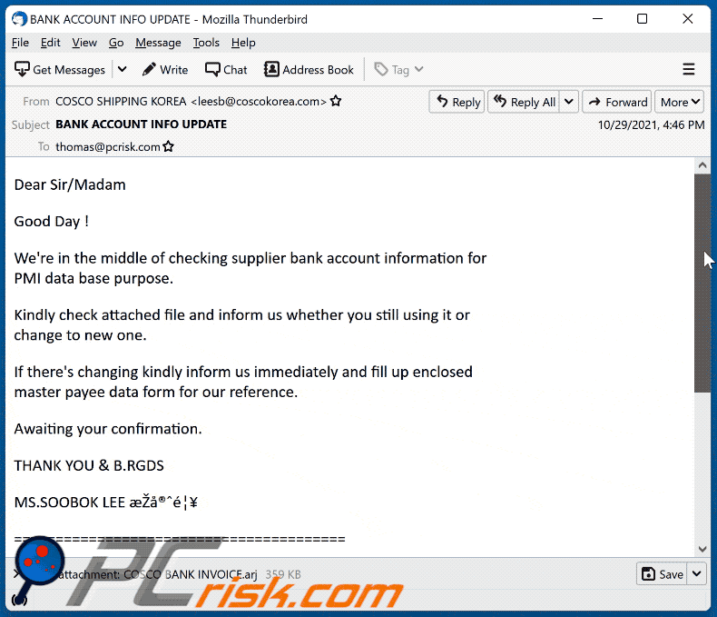 cosco shipping bank email virus appearance in gif