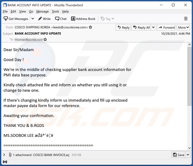Cosco Shipping Bank email virus