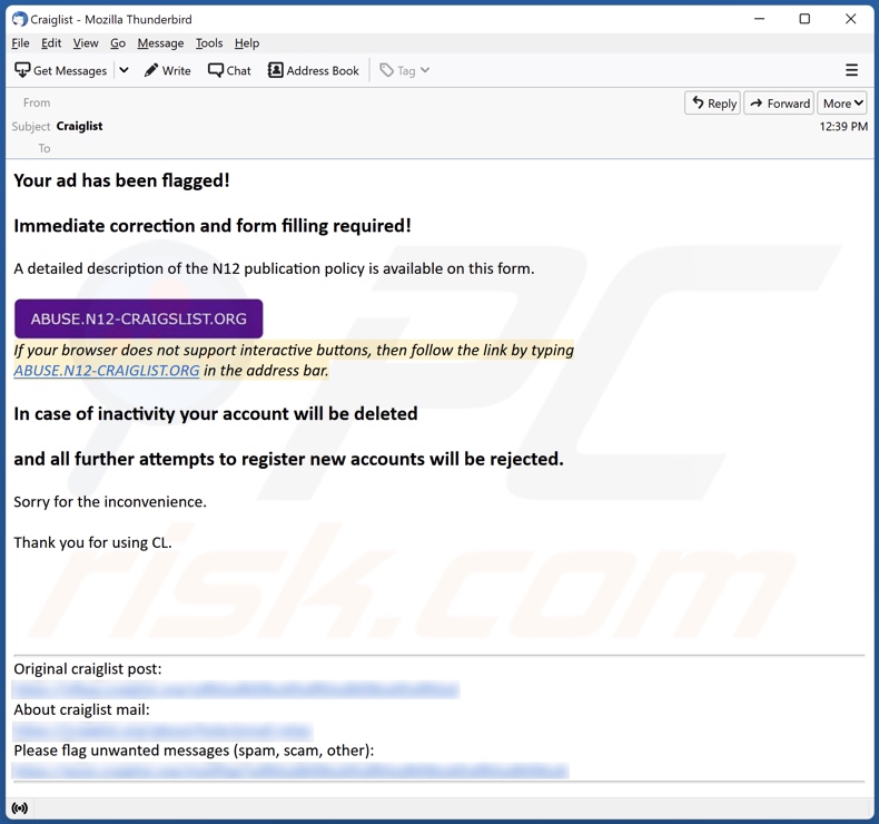Craiglist malware-spreading email spam campaign