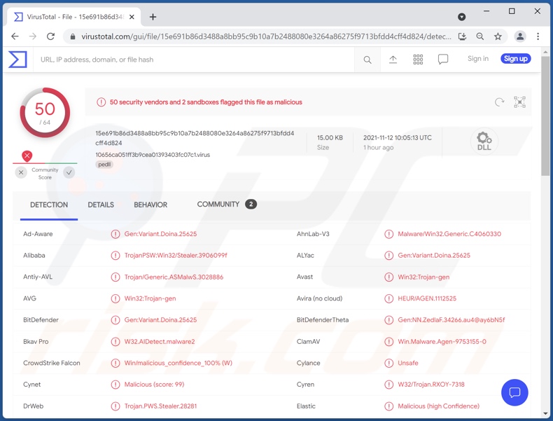 DarkLoader malware detections on VirusTotal