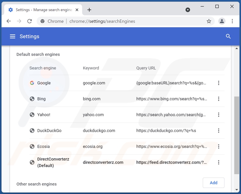 Removing directconverterz.com from Google Chrome default search engine