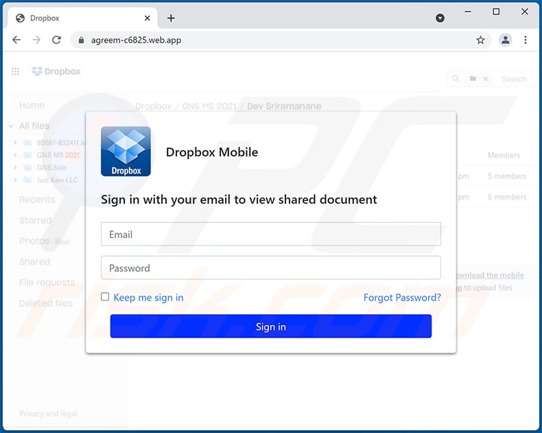 Dropbox-themed phishing site (agreem-c6825.web.app)