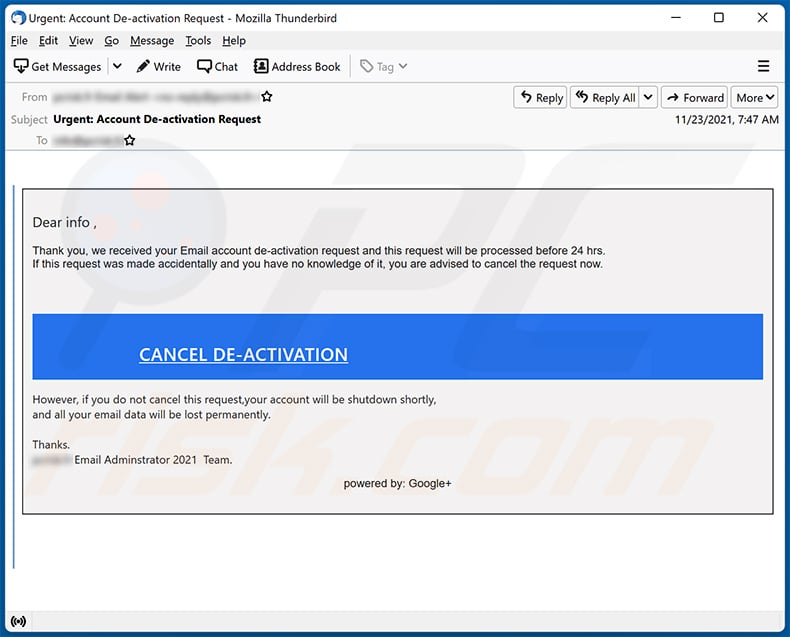 Email deactivation-themed spam (2021-11-24)