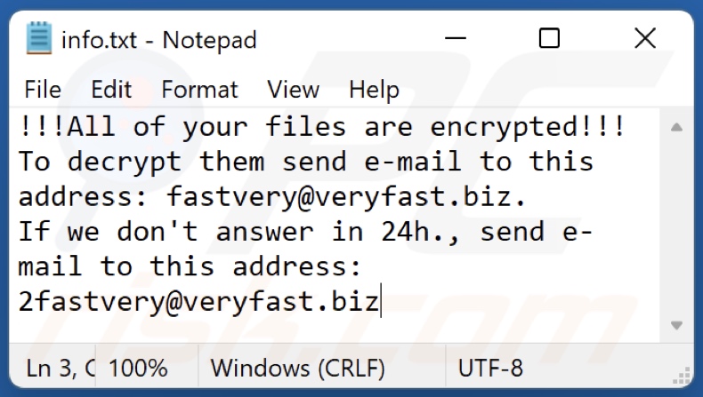 Fastvery ransomware text file (info.txt)