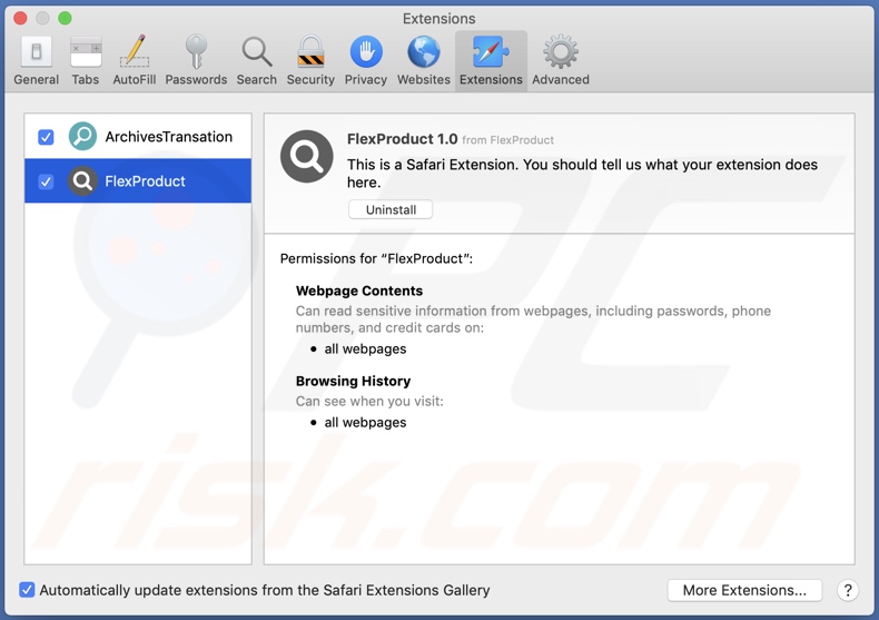 FlexProduct adware installed onto Safari