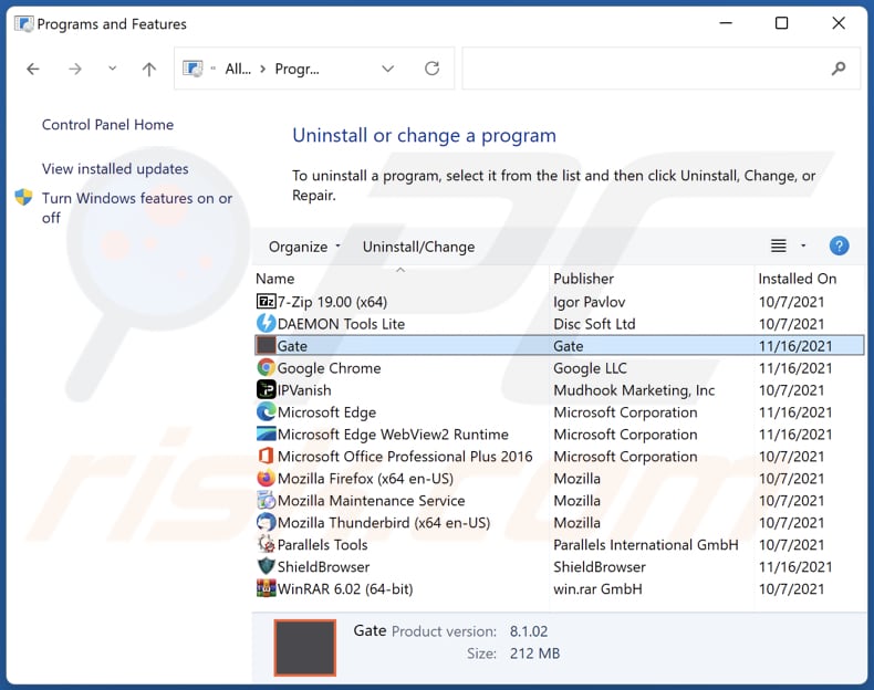 Gate adware uninstall via Control Panel