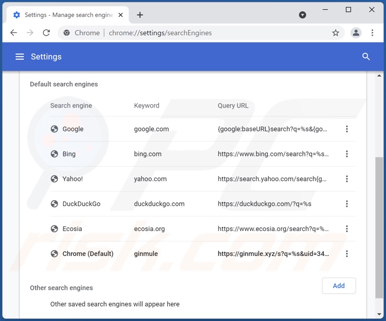 Removing ginmule.xyz from Google Chrome default search engine