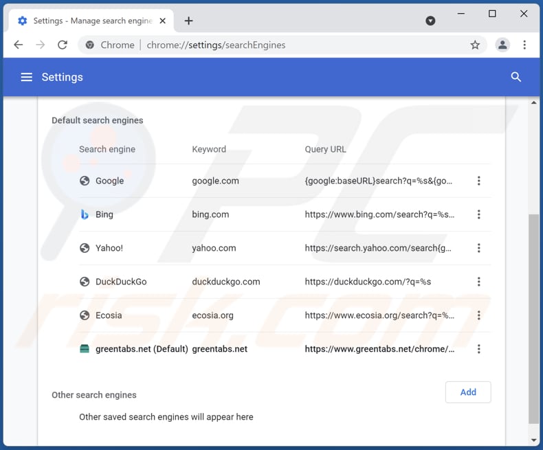 Removing greentabs.net from Google Chrome default search engine