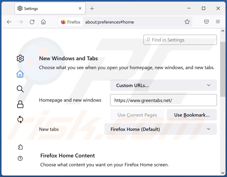Removing greentabs.net from Mozilla Firefox homepage