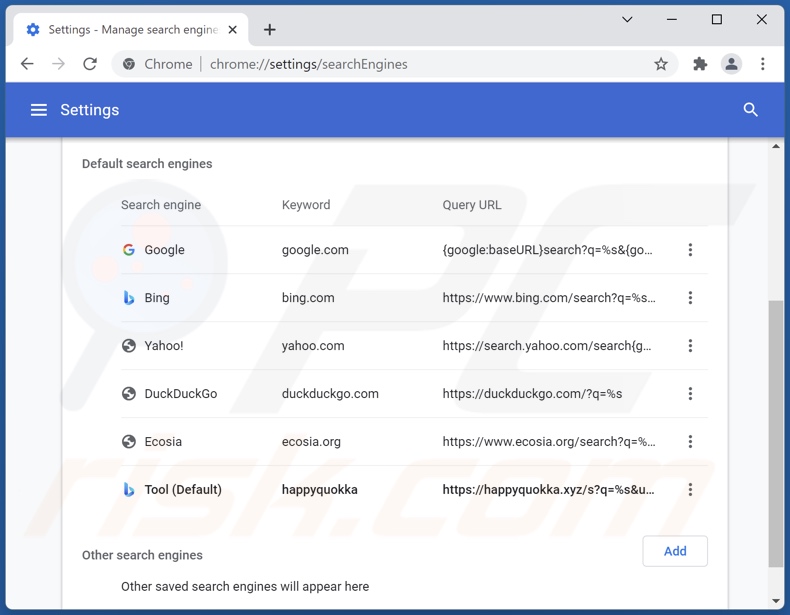 Removing happyquokka.xyz from Google Chrome default search engine