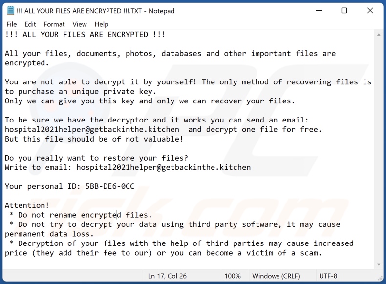 Hospitalhelper decrypt instructions (!!! ALL YOUR FILES ARE ENCRYPTED !!!.TXT)