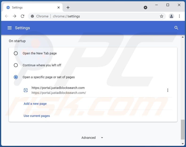 Removing justadblocksearch.com from Google Chrome homepage