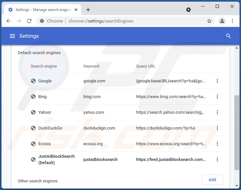 Removing justadblocksearch.com from Google Chrome default search engine